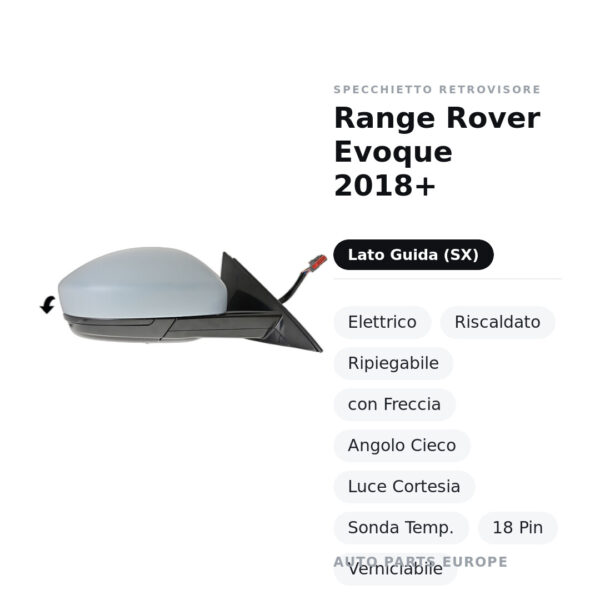 Specchietto Retrovisore Sinistro Range Rover Evoque 2018+ – Elettrico, Riscaldato, Ripiegabile, con Freccia, Angolo Cieco