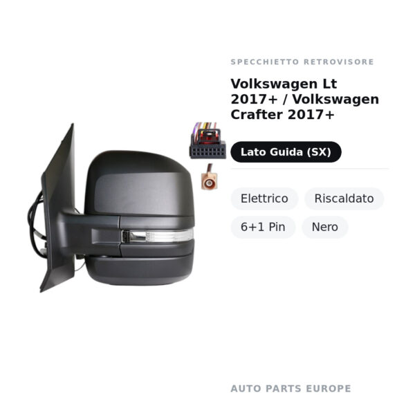 Außenspiegel Links Volkswagen Lt 2017+ / Volkswagen Crafter 2017+ – Elektrisch, Beheizt, 6+1 Pin, Schwarz – Bild 2