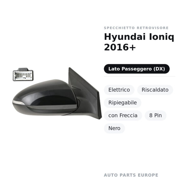 Specchietto Retrovisore Destro Hyundai Ioniq 2016+ – Elettrico, Riscaldato, Ripiegabile, con Freccia, 8 Pin, Nero – foto 2