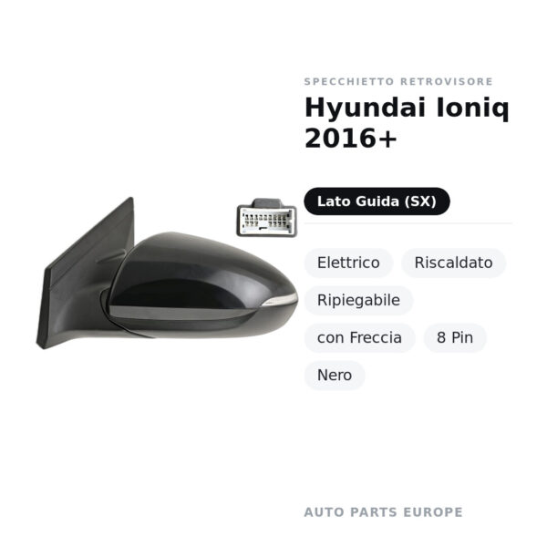 Specchietto Retrovisore Sinistro Hyundai Ioniq 2016+ – Elettrico, Riscaldato, Ripiegabile, con Freccia, 8 Pin, Nero – foto 2