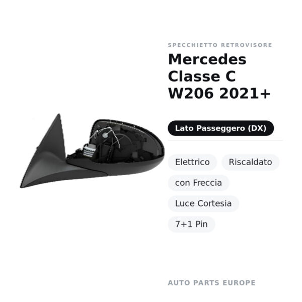 Specchietto Retrovisore Destro Mercedes Classe C W206 2021+ – Elettrico, Riscaldato, con Freccia, Luce Cortesia, 7+1 Pin