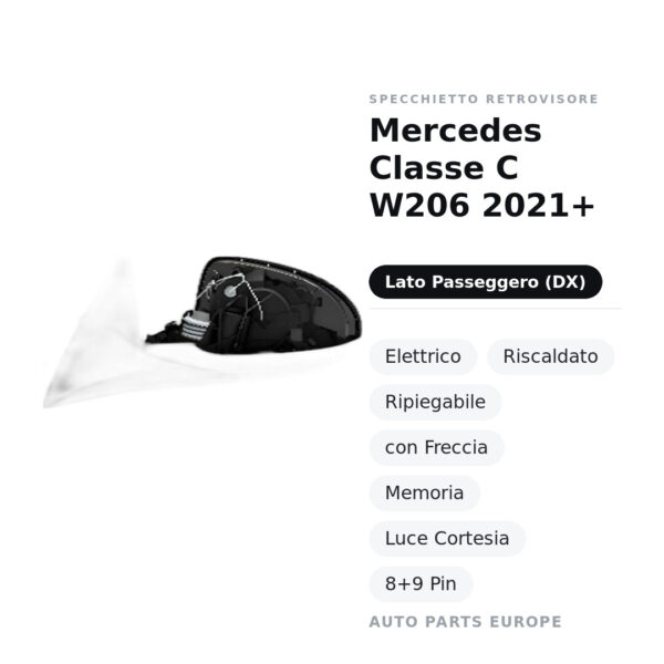 Außenspiegel Rechts Mercedes Klasse C W206 2021+ – Elektrisch, Beheizt, Klappbar, mit Blinker, Speicher, Innenleuchte, 8+9