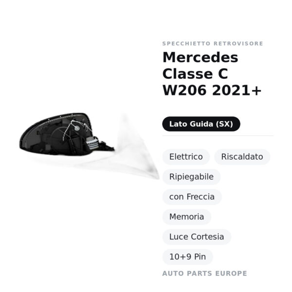 Außenspiegel Links Mercedes Klasse C W206 2021+ – Elektrisch, Beheizt, Klappbar, mit Blinker, Memory, Innenleuchte, 10+9 Pin