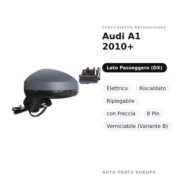 Specchietto Retrovisore Destro Audi A1 2010+ – Elettrico, Riscaldato, Ripiegabile, con Freccia, 8 Pin, Verniciabile