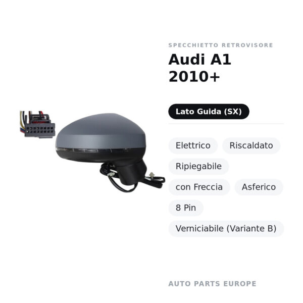 Specchietto Retrovisore Sinistro Audi A1 2010+ – Elettrico, Riscaldato, Ripiegabile, con Freccia, Asferico, 8 Pin