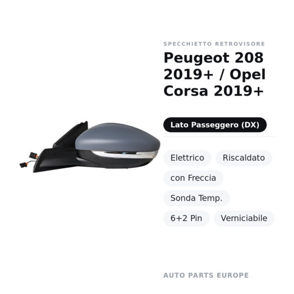 Außenspiegel Rechts Peugeot 208 2019+ / Opel Corsa 2019+ – Elektrisch, Beheizt, mit Blinkleuchte, Temperatursensor, 6+2 Pin