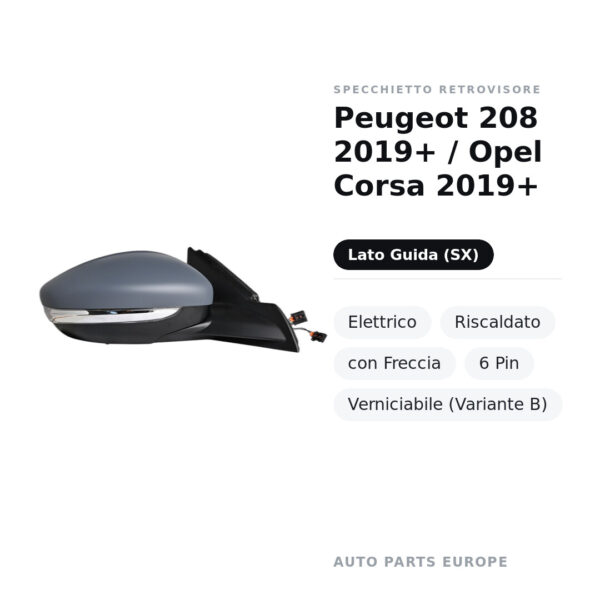 Specchietto Retrovisore Sinistro Peugeot 208 2019+ / Opel Corsa 2019+ – Elettrico, Riscaldato, con Freccia, 6 Pin
