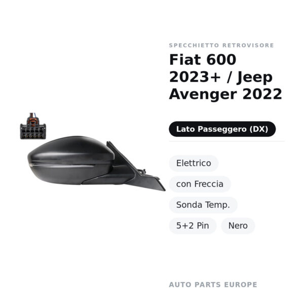 Außenspiegel Rechts Fiat 600 2023+ / Jeep Avenger 2022 – Elektrisch, mit Blinker, Temperatursensor, 5+2 Pin, Schwarz – Bild 2