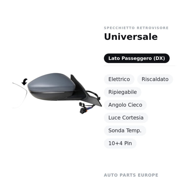 Specchietto Retrovisore Destro Universale – Elettrico, Riscaldato, Ripiegabile, Angolo Cieco, Luce Cortesia, Sonda Temp.