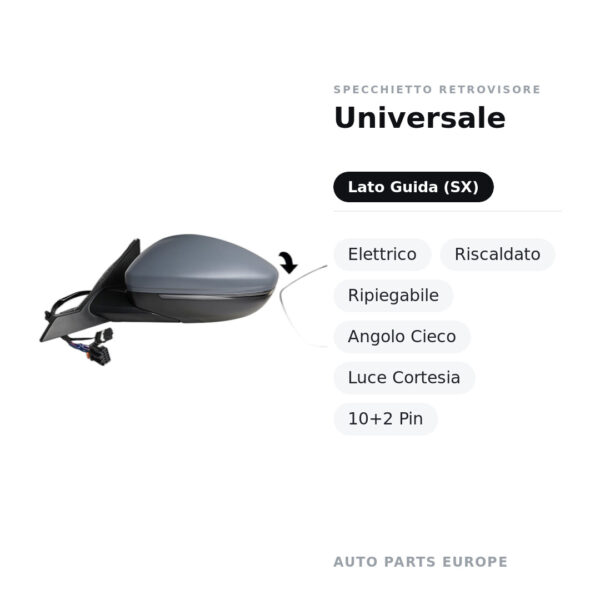 Specchietto Retrovisore Sinistro Universale – Elettrico, Riscaldato, Ripiegabile, Angolo Cieco, Luce Cortesia, 10+2 Pin
