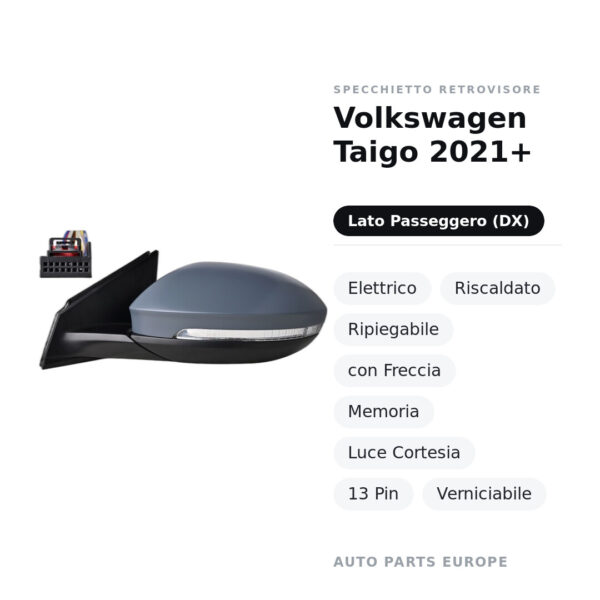 Specchietto Retrovisore Destro Volkswagen Taigo 2021+ – Elettrico, Riscaldato, Ripiegabile, con Freccia, Memoria, Luce