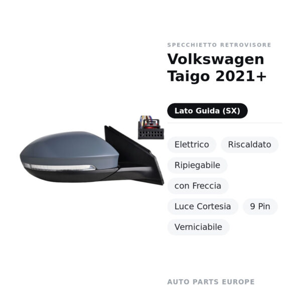Außenspiegel Links Volkswagen Taigo 2021+ – Elektrisch, Beheizt, Klappbar, mit Blinker, Orientierungslicht, 9-polig