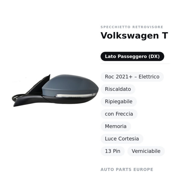 Außenspiegel Rechts Volkswagen T-Roc 2021+ – Elektrisch, Beheizt, Klappbar, mit Blinker, Speicher, Innenleuchte, 13-polig