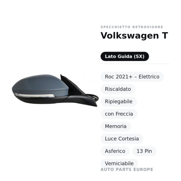 Außenspiegel Links Volkswagen T-Roc 2021+ – Elektrisch, Beheizt, Klappbar, mit Blinker, Speicher, Innenleuchte, Asphärisch