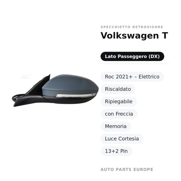 Außenspiegel Rechts Volkswagen T-Roc 2021+ – Elektrisch, Beheizbar, Klappbar, mit Blinker, Speicher, Innenleuchte, 13+2 Pin