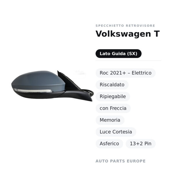 Außenspiegel Links Volkswagen T-Roc 2021+ – Elektrisch, Beheizt, Klappbar, mit Blinker, Speicher, Courtesy-Licht