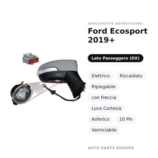 Außenspiegel Rechts Ford Ecosport 2019+ – Elektrisch, Beheizt, Klappbar, mit Blinker, Umgebungslicht, Asphärisch, 10-polig