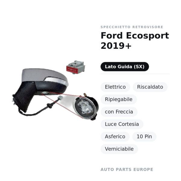 Außenspiegel Links Ford Ecosport 2019+ – Elektrisch, Beheizt, Klappbar, mit Blinker, Leselampe, Asphärisch, 10-polig