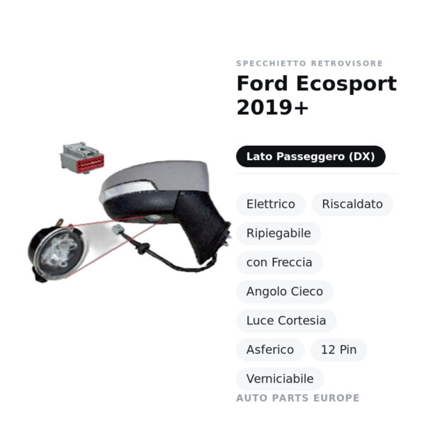 Außenspiegel Rechts Ford Ecosport 2019+ – Elektrisch, Beheizt, Klappbar, mit Blinker, Totwinkel, Innenleuchte, Asphärisch