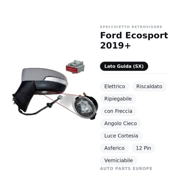 Außenspiegel Links Ford Ecosport 2019+ – Elektrisch, Beheizt, Klappbar, mit Blinker, Toter-Winkel-Sensor, Innenleuchte