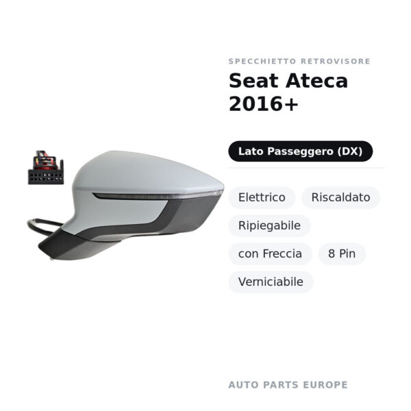 Specchietto Retrovisore Destro Seat Ateca 2016+ – Elettrico, Riscaldato, Ripiegabile, con Freccia, 8 Pin, Verniciabile