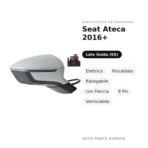 Außenspiegel Links Seat Ateca 2016+ – Elektrisch, Beheizt, Klappbar, mit Blinker, 8 Polig, Lackierbar – Bild 2