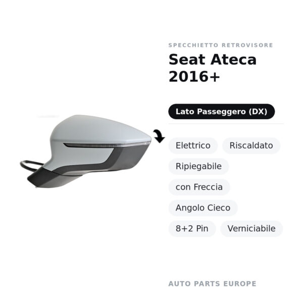 Specchietto Retrovisore Destro Seat Ateca 2016+ – Elettrico, Riscaldato, Ripiegabile, con Freccia, Angolo Cieco, 8+2 Pin