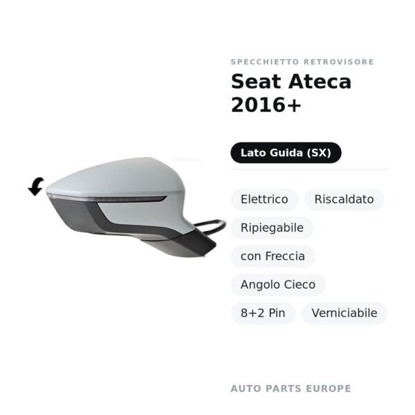 Außenspiegel Links Seat Ateca 2016+ – Elektrisch, Beheizt, Klappbar, mit Blinkleuchte, Toter Winkel, 8+2 Pin, Lackierbar