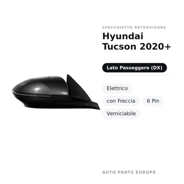 Specchietto Retrovisore Destro Hyundai Tucson 2020+ – Elettrico, con Freccia, 6 Pin, Verniciabile – foto 2