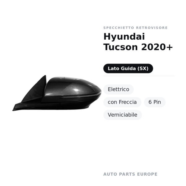 Specchietto Retrovisore Sinistro Hyundai Tucson 2020+ – Elettrico, con Freccia, 6 Pin, Verniciabile – foto 2
