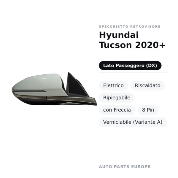 Specchietto Retrovisore Destro Hyundai Tucson 2020+ – Elettrico, Riscaldato, Ripiegabile, con Freccia, 8 Pin, Verniciabile