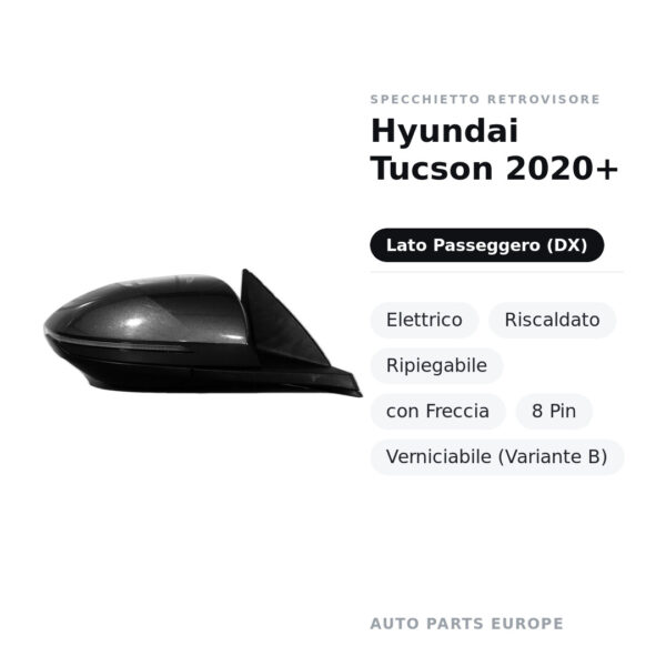 Außenspiegel Rechts Hyundai Tucson 2020+ – Elektrisch, Beheizt, Klappbar, mit Blinker, 8 Pin, Lackierbar (Variante B) – Bild