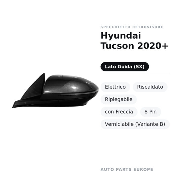 Specchietto Retrovisore Sinistro Hyundai Tucson 2020+ – Elettrico, Riscaldato, Ripiegabile, con Freccia, 8 Pin, Verniciabile