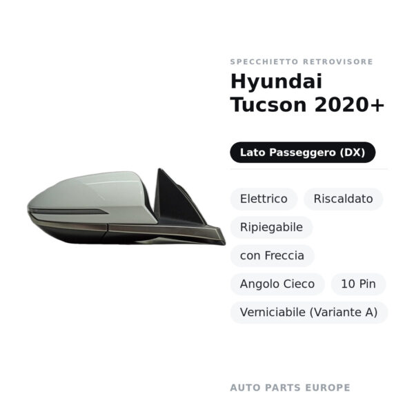 Außenspiegel Rechts Hyundai Tucson 2020+ – Elektrisch, Beheizt, Klappbar, mit Blinker, Toter Winkel, 10-polig, Lackierbar