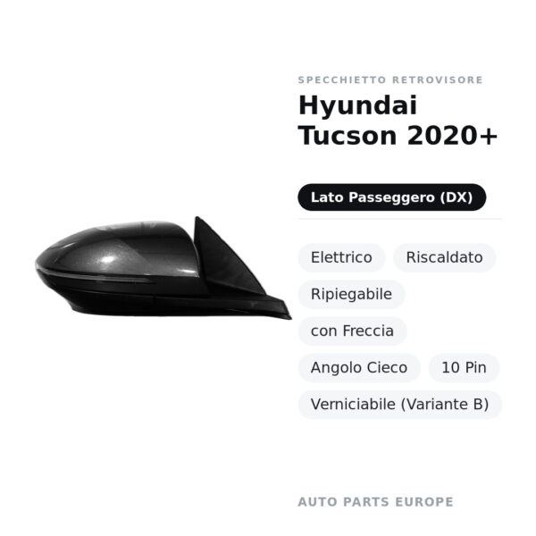 Außenspiegel Rechts Hyundai Tucson 2020+ – Elektrisch, Beheizt, Klappbar, mit Blinker, Toter Winkel, 10 Pin, Lackierbar