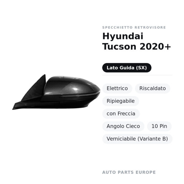 Außenspiegel Links Hyundai Tucson 2020+ – Elektrisch, Beheizbar, Klappbar, mit Blinker, Toter Winkel, 10 Pin, Lackierbar