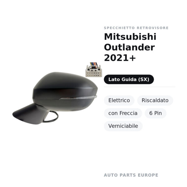 Specchietto Retrovisore Sinistro Mitsubishi Outlander 2021+ – Elettrico, Riscaldato, con Freccia, 6 Pin, Verniciabile – foto