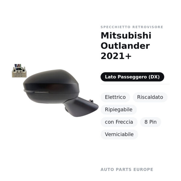 Specchietto Retrovisore Destro Mitsubishi Outlander 2021+ – Elettrico, Riscaldato, Ripiegabile, con Freccia, 8 Pin