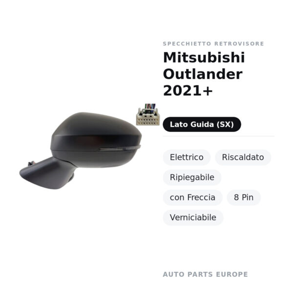 Außenspiegel Links Mitsubishi Outlander 2021+ – Elektrisch, Beheizt, Klappbar, mit Blinker, 8-polig, Lackierbar – Bild 2