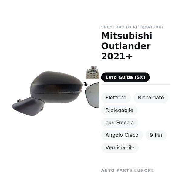 Specchietto Retrovisore Sinistro Mitsubishi Outlander 2021+ – Elettrico, Riscaldato, Ripiegabile, con Freccia, Angolo Cieco