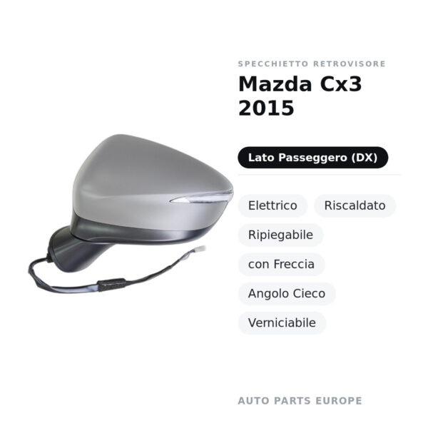 Specchietto Retrovisore Destro Mazda Cx3 2015 – Elettrico, Riscaldato, Ripiegabile, con Freccia, Angolo Cieco, Verniciabile