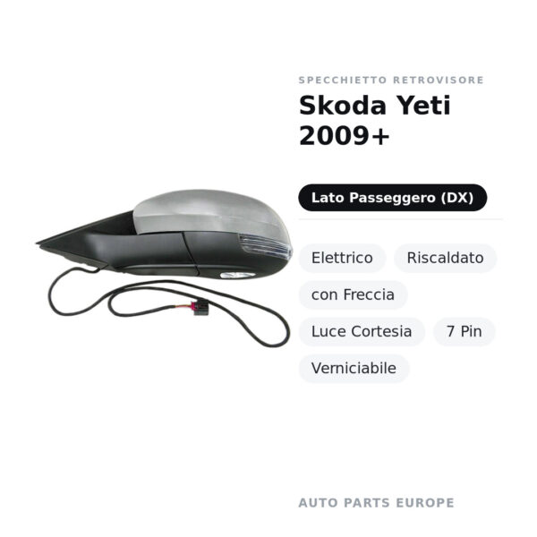 Specchietto Retrovisore Destro Skoda Yeti 2009+ – Elettrico, Riscaldato, con Freccia, Luce Cortesia, 7 Pin, Verniciabile
