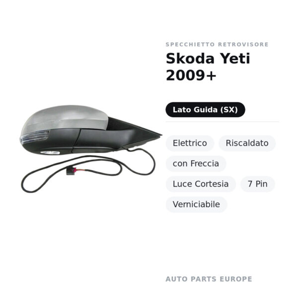 Specchietto Retrovisore Sinistro Skoda Yeti 2009+ – Elettrico, Riscaldato, con Freccia, Luce Cortesia, 7 Pin, Verniciabile
