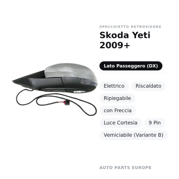 Außenspiegel Rechts Skoda Yeti 2009+ – Elektrisch, Beheizt, Klappbar, mit Blinker, Umgebungslicht, 9-polig, Lackierbar