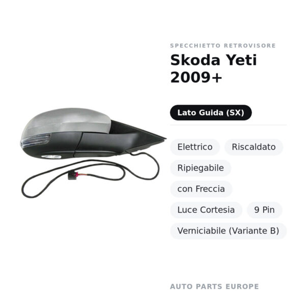 Specchietto Retrovisore Sinistro Skoda Yeti 2009+ – Elettrico, Riscaldato, Ripiegabile, con Freccia, Luce Cortesia, 9 Pin