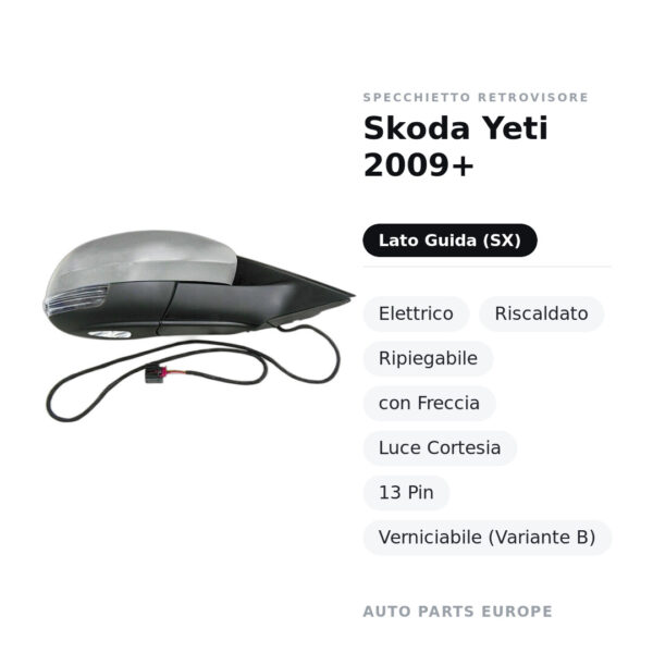 Specchietto Retrovisore Sinistro Skoda Yeti 2009+ – Elettrico, Riscaldato, Ripiegabile, con Freccia, Luce Cortesia, 13 Pin