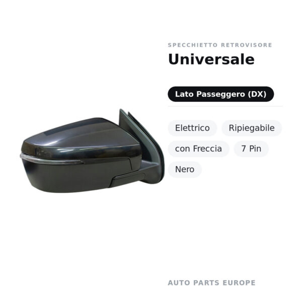 Specchietto Retrovisore Destro Universale – Elettrico, Ripiegabile, con Freccia, 7 Pin, Nero – foto 2
