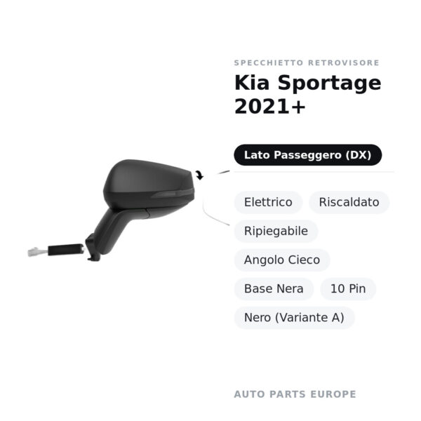 Specchietto Retrovisore Destro Kia Sportage 2021+ – Elettrico, Riscaldato, Ripiegabile, Angolo Cieco, Base Nera, 10 Pin