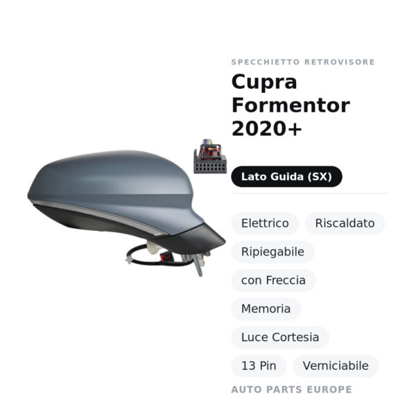 Specchietto Retrovisore Sinistro Cupra Formentor 2020+ – Elettrico, Riscaldato, Ripiegabile, con Freccia, Memoria, Luce