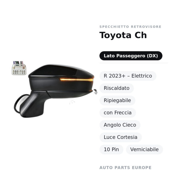Außenspiegel Rechts Toyota Ch-R 2023+ – Elektrisch, Beheizbar, Klappbar, mit Blinker, Toter-Winkel-Sensor, Courtesy-Leuchte